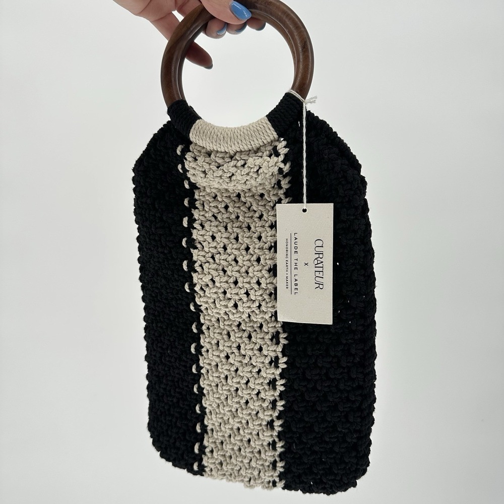 LAUDE THE LABEL Gabby Cotton‎ Macrame Bag Black & White Boho Coastal Resortwear - Picture 2 of 8